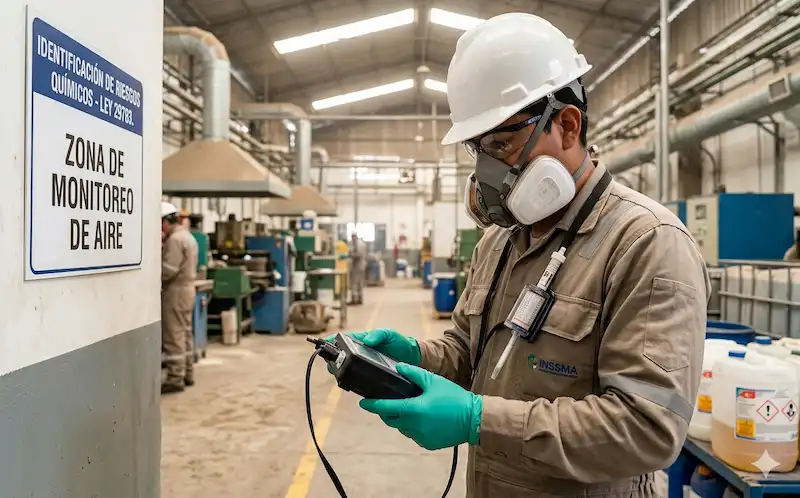 ingeniero de INSSMA realizando monitoreo de riesgos químicos en planta industrial.