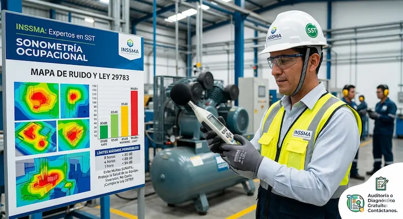 Técnico especialista de INSSMA realizando monitoreo de sonometría ocupacional en planta industrial.