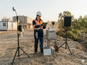 ingeniera ambiental realizando monitoreo de calidad de aire ambiental