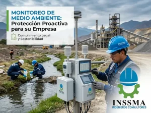 Ingeniero realizando una medición de calidad del aire con equipos calibrados en una planta industrial en Perú