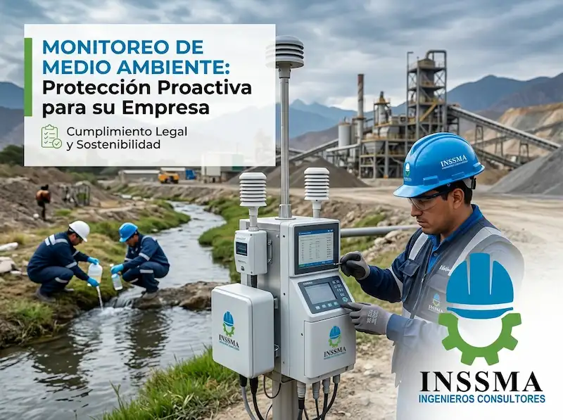 Ingeniero realizando una medición de calidad del aire con equipos calibrados en una planta industrial en Perú