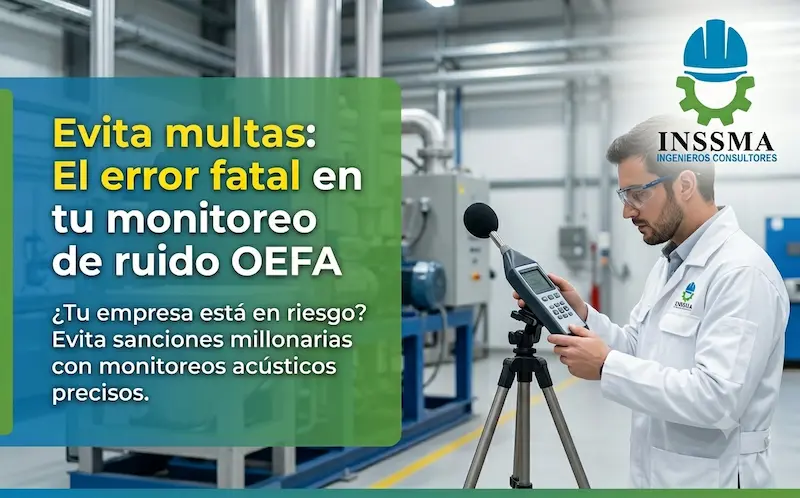 ingeniero de INSSMA realizando un monitoreo de ruido ambiental con sonómetro calibrado en planta industrial de Perú.