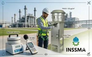 Ingeniero ambiental de INSSMA realizando monitoreo de calidad del aire con muestreador de alto volumen