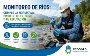 ingeniero ambiental realizando monitoreo de ríos con equipo multiparamétrico