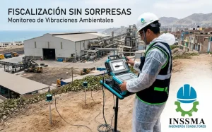 Ingeniero ambiental calibrando un vibrómetro digital en zona industrial de Lima