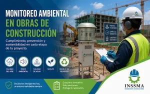 ingeniero realizando monitoreo ambiental en obras de construcción con equipos de medición de calidad del aire